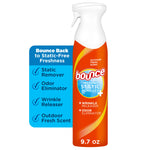 Orange Bounce Instant Static Remover spray bottle with callout panel listing static remover, odor eliminator, wrinkle releaser