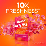 Bounce Intense Vibrant Bloom product box surrounded by pink flowers with '10X FRESHNESS' text