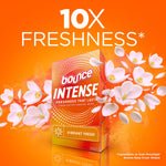 Bounce Intense dryer sheets box with '10X FRESHNESS' headline and white flower petals on an orange background.