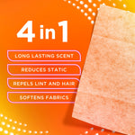 Close-up image of a textured dryer sheet with '4 in 1' feature list highlighting scent, static reduction, lint repelling and softening.