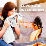 Person smelling a towel near an open dryer with scent petals flowing from the machine and 'Love your dryer again' headline.