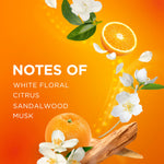 Scent ingredients graphic showing orange slices, white florals, sandalwood and text listing 'Notes of' fragrance elements.