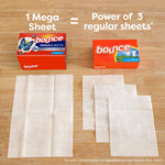 Comparison image showing a Bounce Megasheets box and regular Bounce box with one large sheet versus three regular sheets
