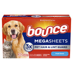 Angled view of Bounce Megasheets packaging with prominent dog and cat artwork and product branding for pet hair protection.