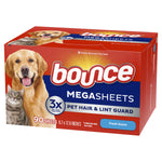 Angled product shot of Bounce Megasheets box featuring dog and cat artwork, 'Pet Hair & Lint Guard' label and fresh scent tag