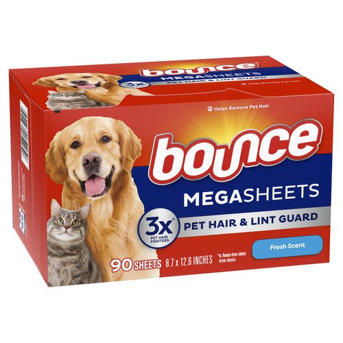 Box of Bounce Megasheets with golden retriever and grey tabby cat on red packaging showing 90 sheets and fresh scent label