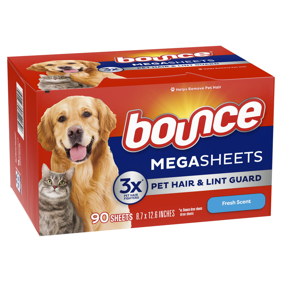 Box of Bounce Megasheets with golden retriever and grey tabby cat on red packaging showing 90 sheets and fresh scent label