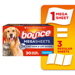 Bounce Megasheets box with dog and cat artwork and callout showing 1 mega sheet equals 3 regular sheets