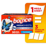 Box of Bounce Megasheets Fresh Breeze with butterfly graphic and callout showing one mega sheet equals three regular sheets