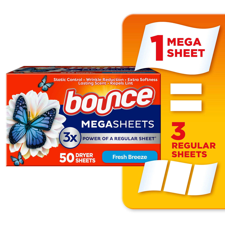 Box of Bounce Megasheets Fresh Breeze with butterfly graphic and callout showing one mega sheet equals three regular sheets