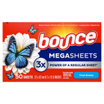 Front-facing Bounce Megasheets Fresh Breeze box with blue butterfly, 3x power badge and 50 sheets label