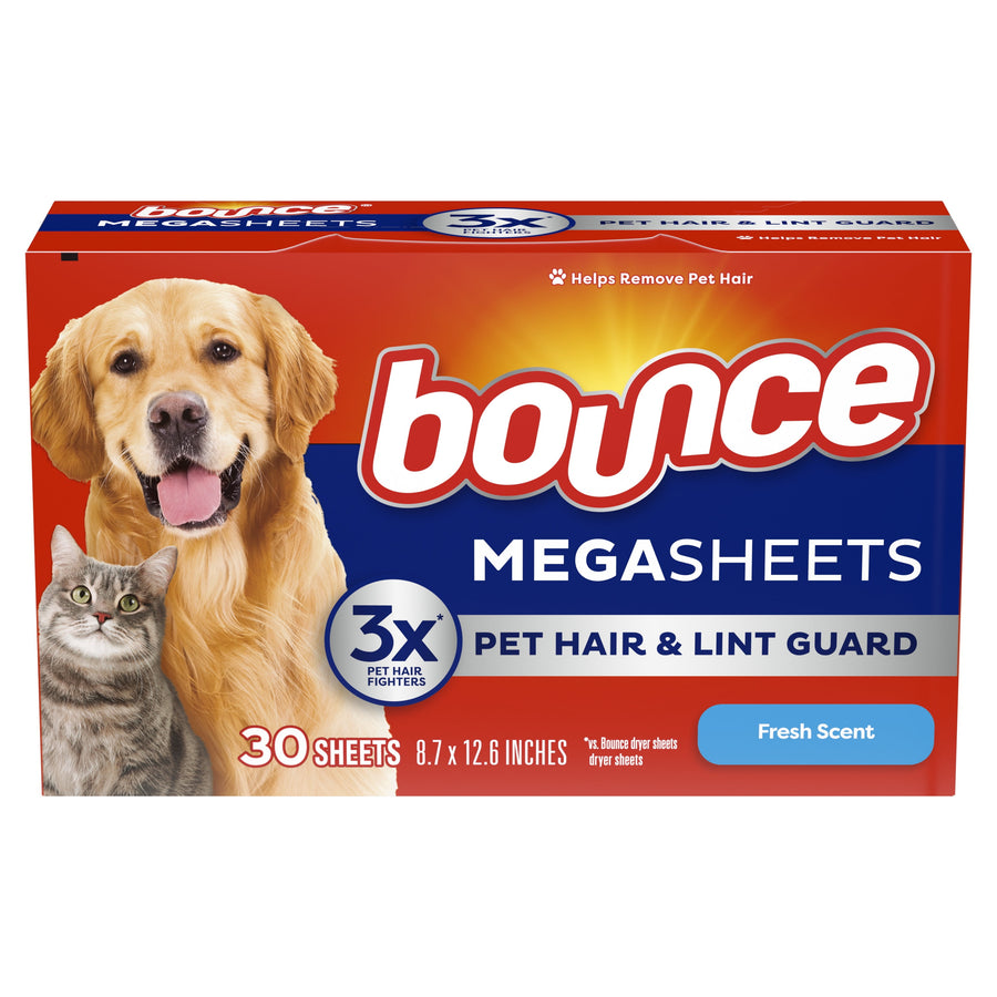 Bounce Megasheets box front showing dog and cat artwork, 30 sheets callout and Fresh Scent badge