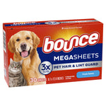 Packaged Bounce Megasheets box with dog and cat images and Fresh Scent label photographed on white background