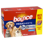 Angled view of Bounce Megasheets multi-pack box featuring dogs and cat artwork, 3x pet hair fighters badge and multi-pack panel