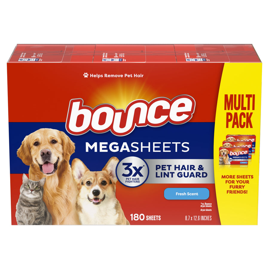 Front-facing Bounce Megasheets multi-pack box showing dogs and cat artwork, brand logo and pet-hair claims