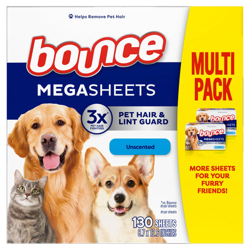 Front packaging of Bounce Megasheets unscented multipack with photos of dogs and cat and 'pet hair & lint guard' branding
