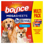 Square front-facing Bounce Megasheets multipack package showing three pets, fresh scent badge and yellow multipack panel.