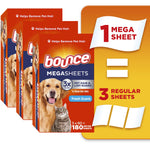 Close-up of Bounce Megasheets pet hair and lint guard packaging showing dog and cat artwork and mega-sheet callout