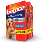 Bounce Megasheets multipack box showing dog and cat artwork, fresh scent label and 2-pack banner on red packaging.