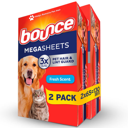 Bounce Megasheets multipack box showing dog and cat artwork, fresh scent label and 2-pack banner on red packaging.