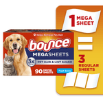 Bounce Megasheets pet hair & lint guard carton with dog and cat images and callout equating one mega sheet to three regular sheets