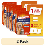 Stacked packs of Bounce Megasheets pet hair and lint guard dryer sheets packaging with dog and cat images