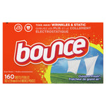 Bilingual orange Bounce Outdoor Fresh package showing 160 sheets with clothesline graphic
