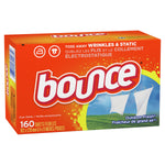 Orange Bounce dryer sheet carton showing large logo, outdoor-fresh clothesline graphic and '160 sheets' callout