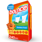 Front-facing Bounce Outdoor Fresh dryer sheet box showing logo, clothes on a line and “240 sheets” callout.
