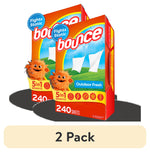 Two Bounce Outdoor Fresh dryer sheet boxes showing mascot, 240 sheets label and a '2 Pack' banner.