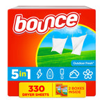 Front-facing red Bounce package with logo, clothesline graphic and label showing 330 dryer sheets and 5-in-1 icons