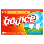 Front-facing Bounce Outdoor Fresh packaging showing logo, white sheets on a clothesline and '180 sheets' on an orange background