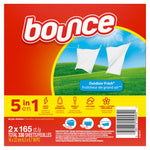 Close-up of Bounce packaging front showing logo, clothesline graphic, 5-in-1 panel and product barcode for 2 x 165 sheets