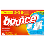 Wide box shot of Bounce Outdoor Fresh dryer sheets with logo, hanging white laundry art, and 110 sheets label