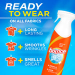 Bright graphic with Bounce spray bottle and copy 'Ready to Wear' listing long lasting, smooths wrinkles, smells great