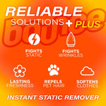 Orange infographic panel with icons for fighting static and wrinkles, repels pet hair and softens clothes for Bounce remover
