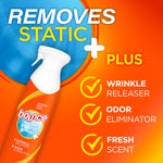 Graphic ad showing Bounce spray bottle and text highlights 'Removes Static' plus wrinkle releaser and odor eliminator icons