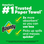 Green infographic with Bounty logo and text highlighting '2x more absorbent' and product benefits