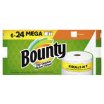 Bounty branded paper towel multipack box with green packaging and a prominent "6 = 24 MEGA" label