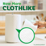 Paper towel roll on a counter with a close-up inset showing clothlike texture and headline now more clothlike