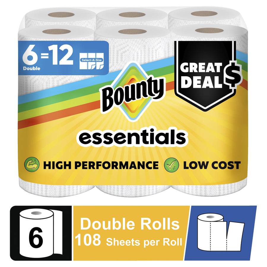 Packaged six double rolls of Bounty Essentials paper towels with yellow branded sleeve and performance icons.