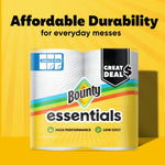 Single wrapped Bounty Essentials paper towel pack on yellow background with headline 'Affordable Durability'.