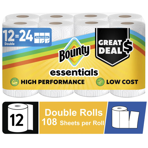 Packaged Bounty Essentials paper towel multi-roll pack with branding and callouts for double rolls and sheet count.