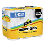 Angled pack shot of Bounty Essentials six double rolls in yellow branded packaging showing logo and label.