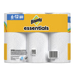 Back view of Bounty Essentials six-roll pack showing textured white rolls, barcode and warning label on sleeve.