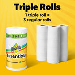 Graphic showing one wrapped Bounty Essentials triple roll next to three unwrapped rolls with 'Triple Rolls' headline.