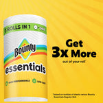 Close-up vertical Bounty Essentials triple roll on yellow background with text “Get 3x More” to the right