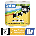 Packaged Bounty Essentials paper towel twin triple-roll pack with yellow branded sleeve and icons