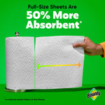 Bounty image of a hand holding a full-size sheet beside a roll with text claiming 50% more absorbent
