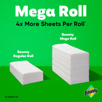 Bounty infographic comparing stacks of sheets labeled Bounty regular roll and Bounty mega roll showing 4x more sheets